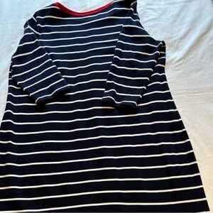 Talbots Navy Blue with white stripes dress with red collar boat neck collar.